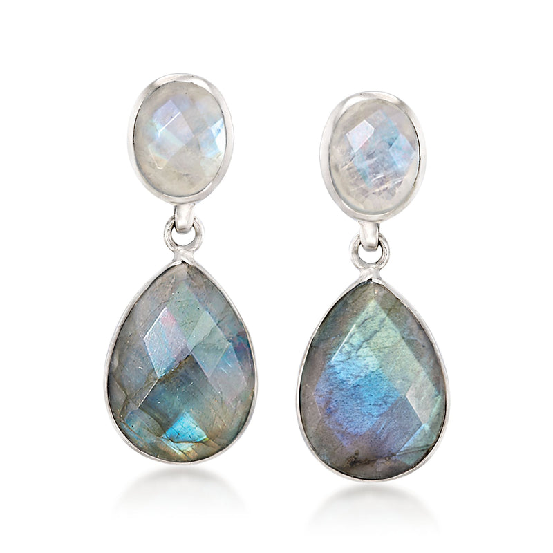 Sterling silver drop earrings with iridescent moonstone top and labradorite teardrop