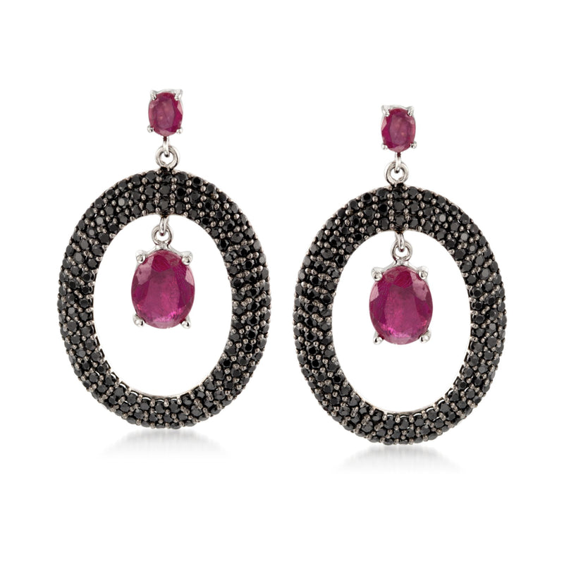 Black spinel and ruby drop earrings in sterling silver with oval hoop design