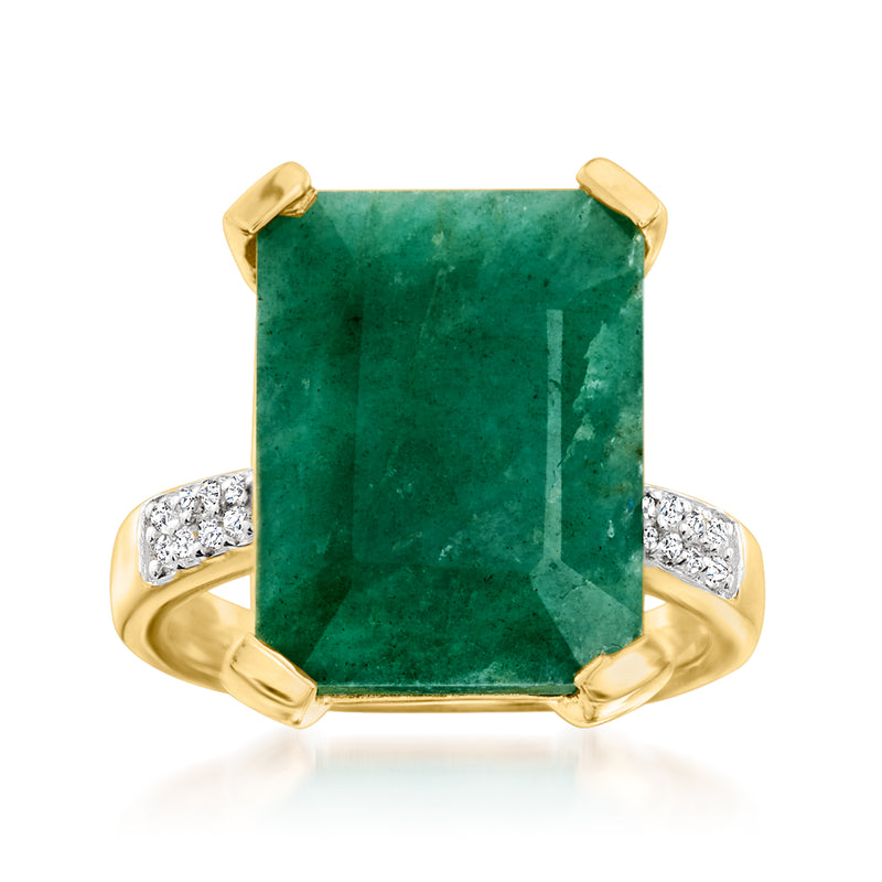 Gold ring with square green emerald-cut gemstone and white topaz side accents