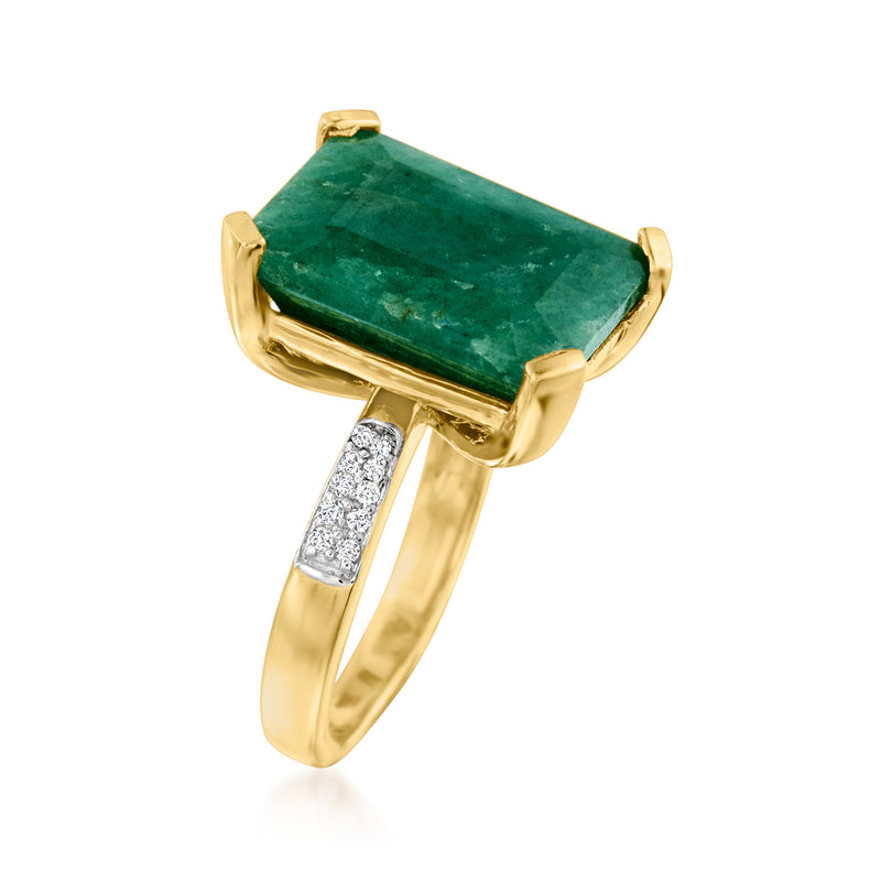 Gold ring with square green gemstone and white topaz bar accents on band