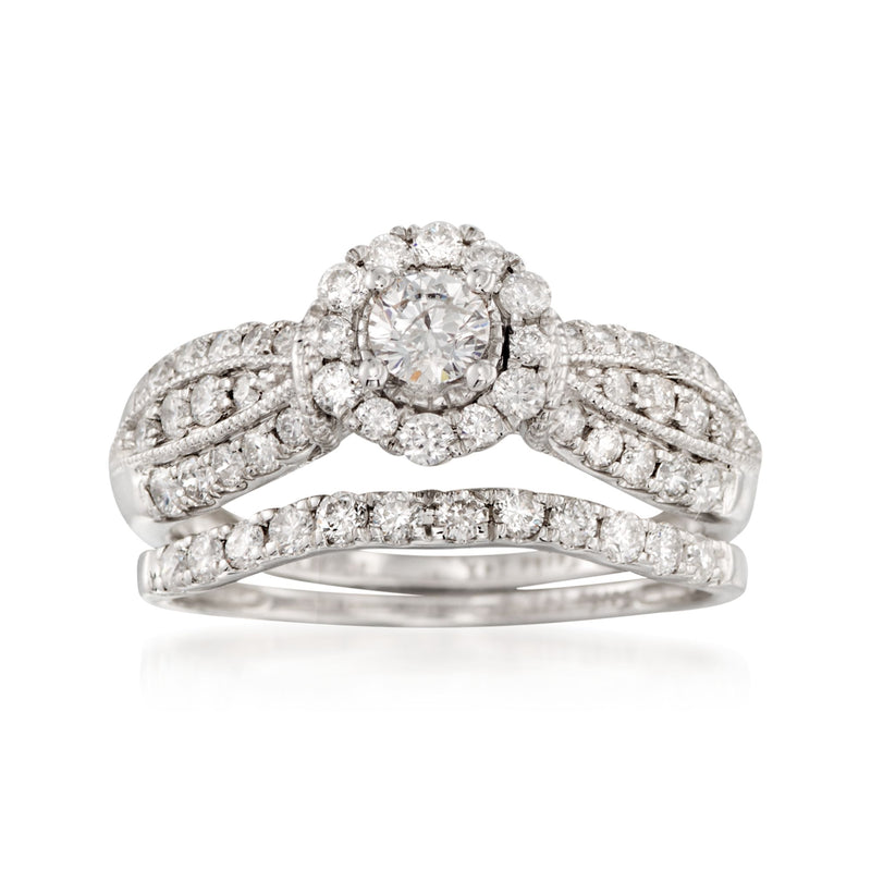 14kt white gold diamond bridal set ring with milgrain and round center stone