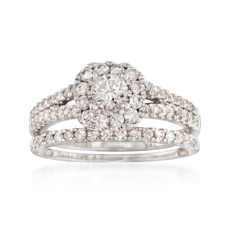 Diamond bridal set with round halo engagement ring and matching wedding band