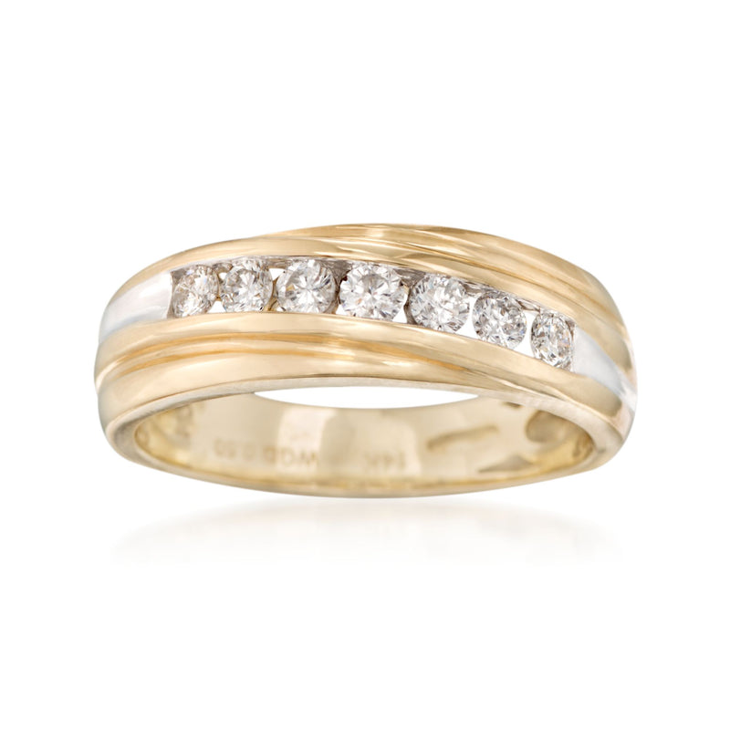 Men's 14kt yellow gold channel-set diamond wedding band with shiny polished finish
