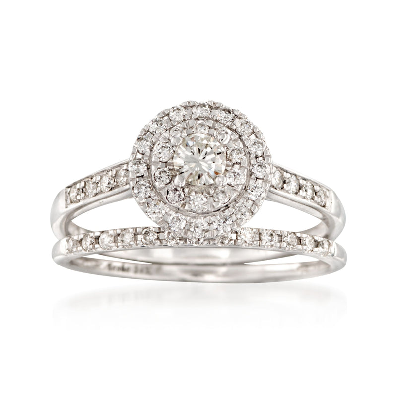 14kt white gold diamond bridal set with double halo round center, sparkling side stones