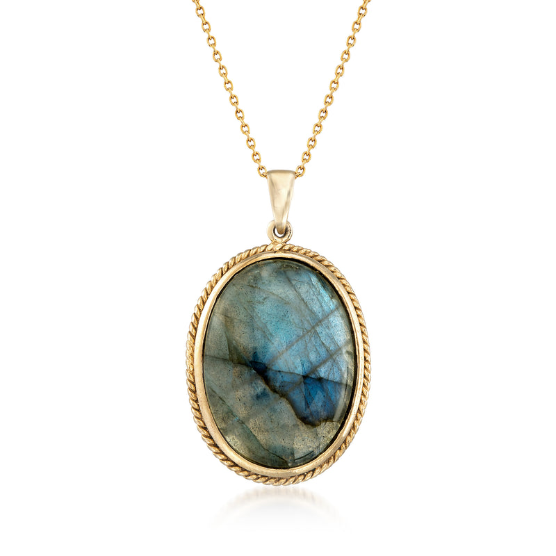 Oval labradorite pendant necklace with blue-green gemstone in gold-tone oval bezel
