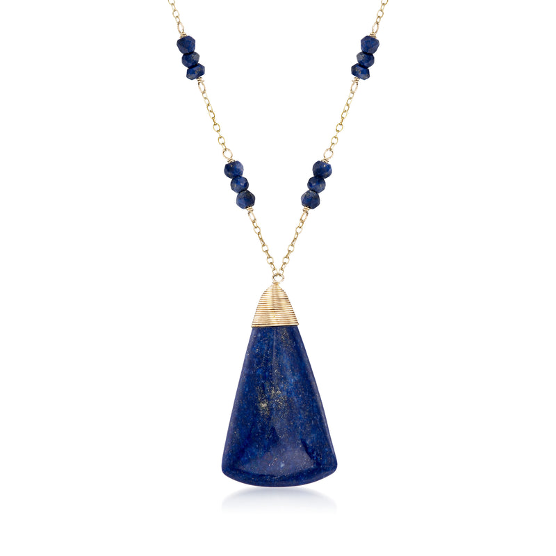 14kt yellow gold lapis triangle drop necklace with blue beads and triangle pendant