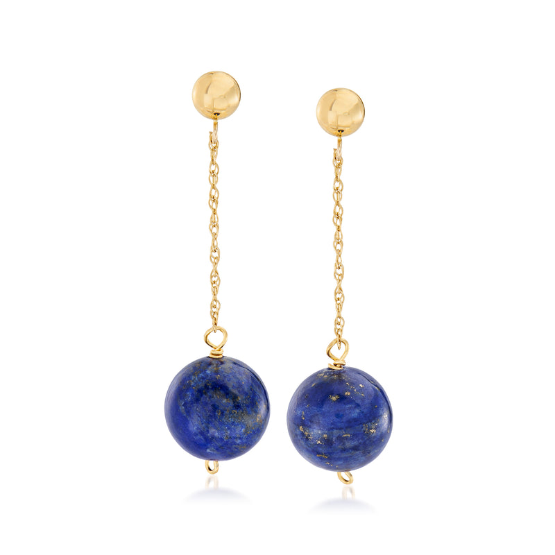 14kt yellow gold lapis bead drop earrings with round blue lapis spheres