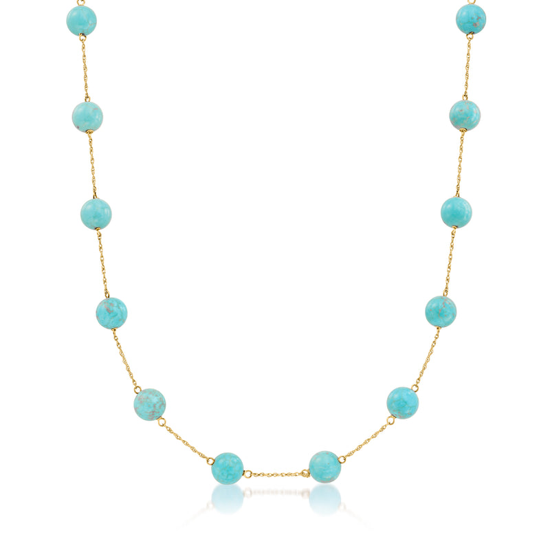 Turquoise 8mm bead station necklace with 14kt yellow gold chain and round beads