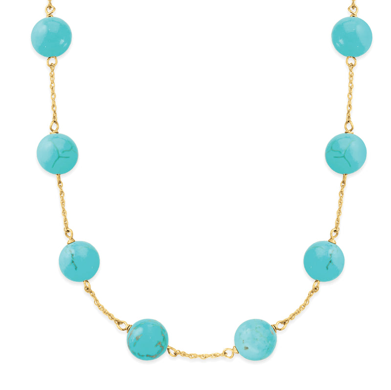 Turquoise bead station necklace with 14kt yellow gold links and round pendant beads