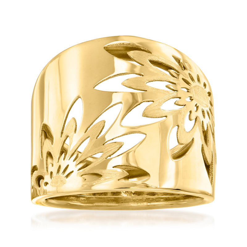14kt yellow gold floral openwork ring, wide band with cutout flower motifs