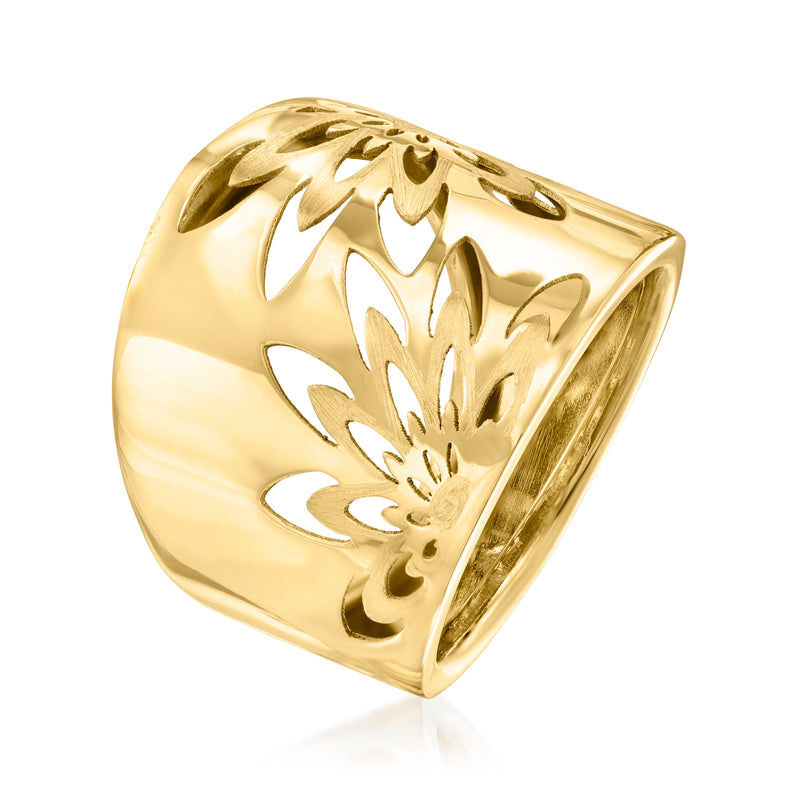 14kt yellow gold floral openwork ring, angled view with cutout flower motifs