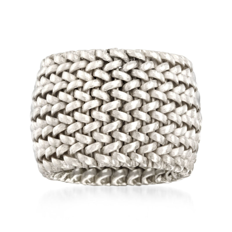 Sterling silver mesh ring with wide woven chain design, polished finish