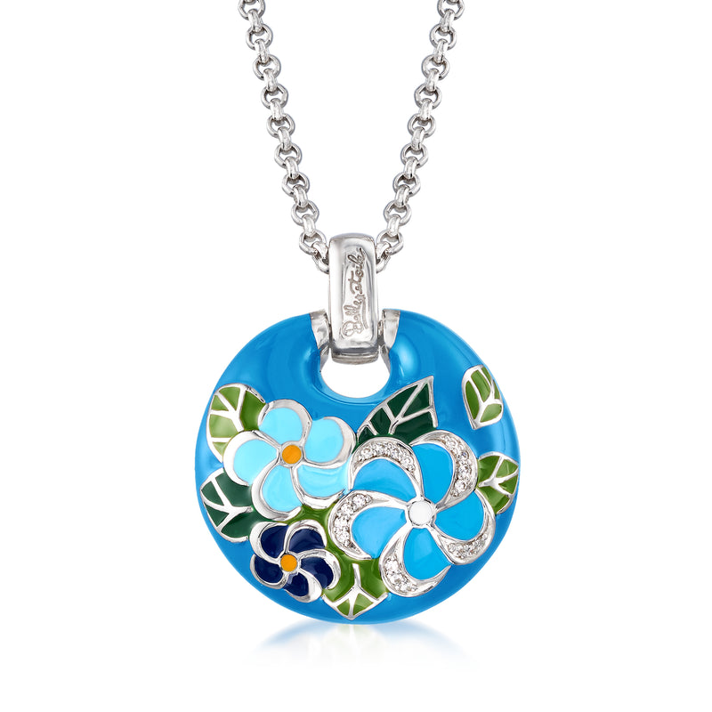 Round enamel floral pendant in blue, green, and silver on a chain