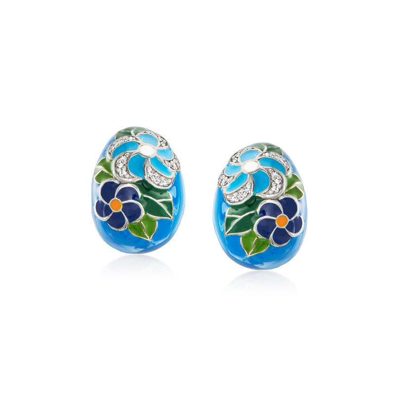 Multicolored enamel J-hoop earrings in sterling silver, oval floral with CZ accents