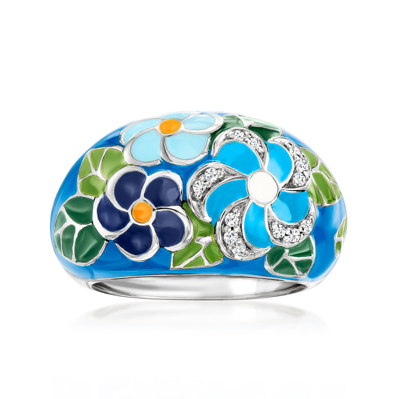 Sterling silver multicolor enamel ring with blue, green flowers and clear CZ accents