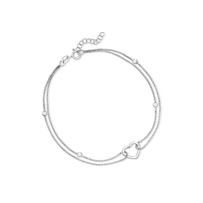 Sterling silver bead anklet with heart charm and round link chain