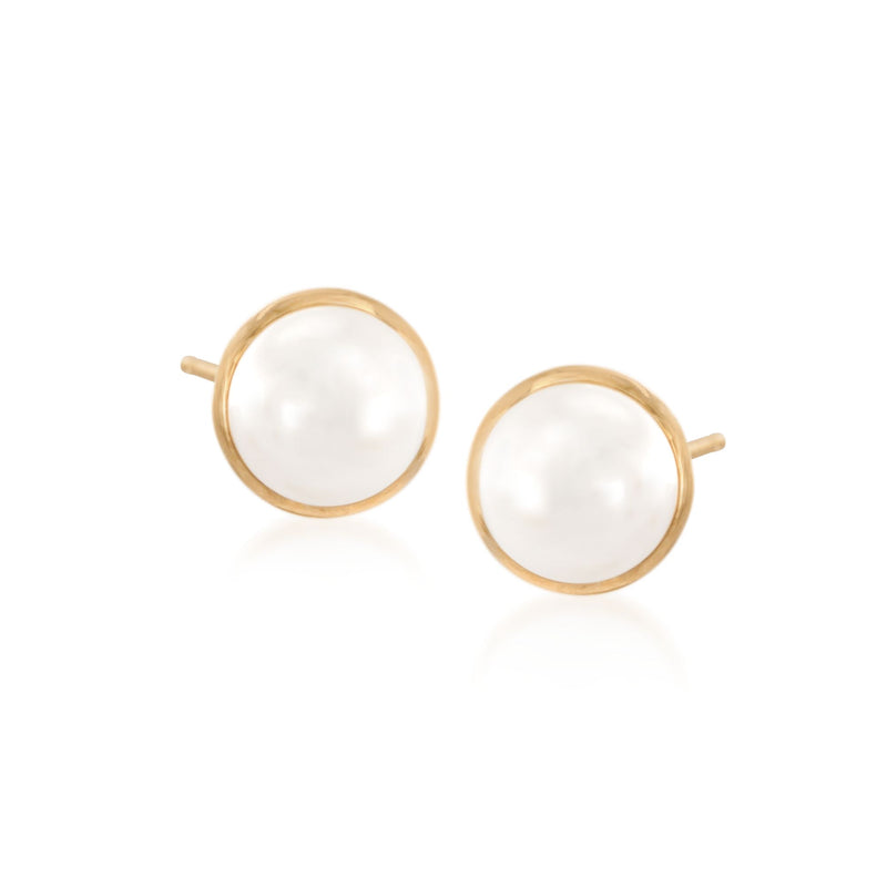 14kt yellow gold pearl stud earrings with round white cultured freshwater pearls