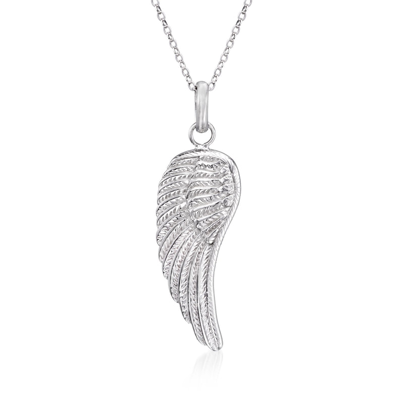 Sterling silver angel wing pendant necklace with leaf-like engraved wing charm