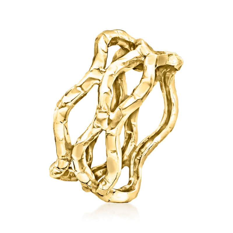 Wavy 14kt yellow gold open-space ring, sculpted bands with circular cutouts
