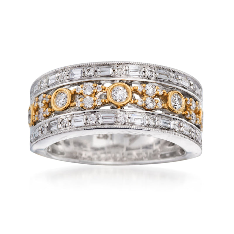 Two-tone 14kt gold diamond milgrain ring with oval and round stones