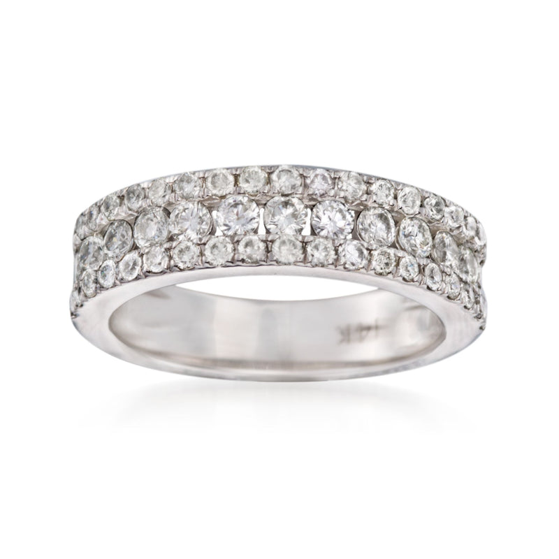 14kt white gold diamond wedding ring with three rows of round diamonds