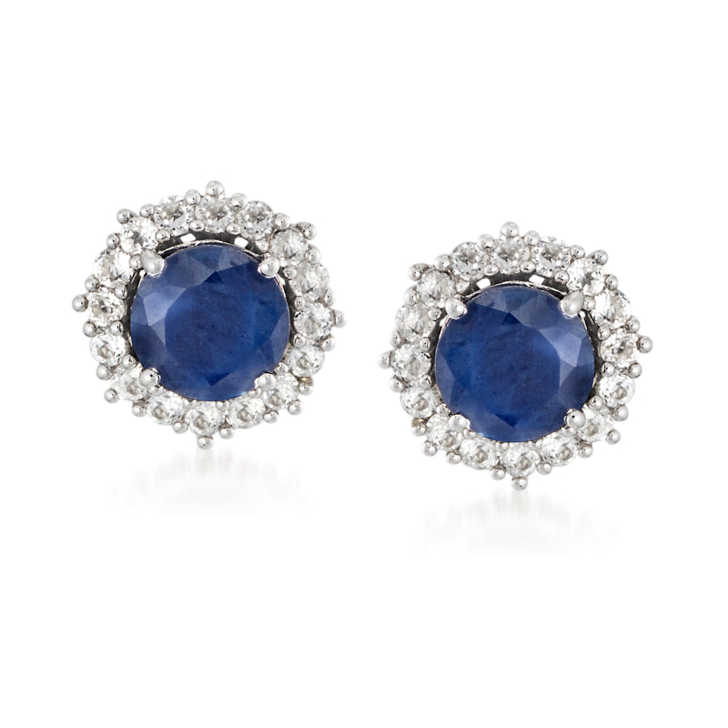 Sterling silver sapphire stud earrings with white zircon halo