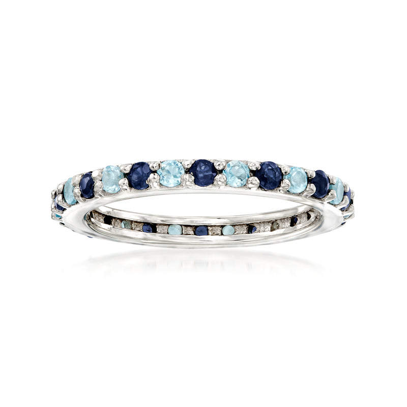 Sterling silver eternity band with blue sapphires and Swiss Blue Topaz stones