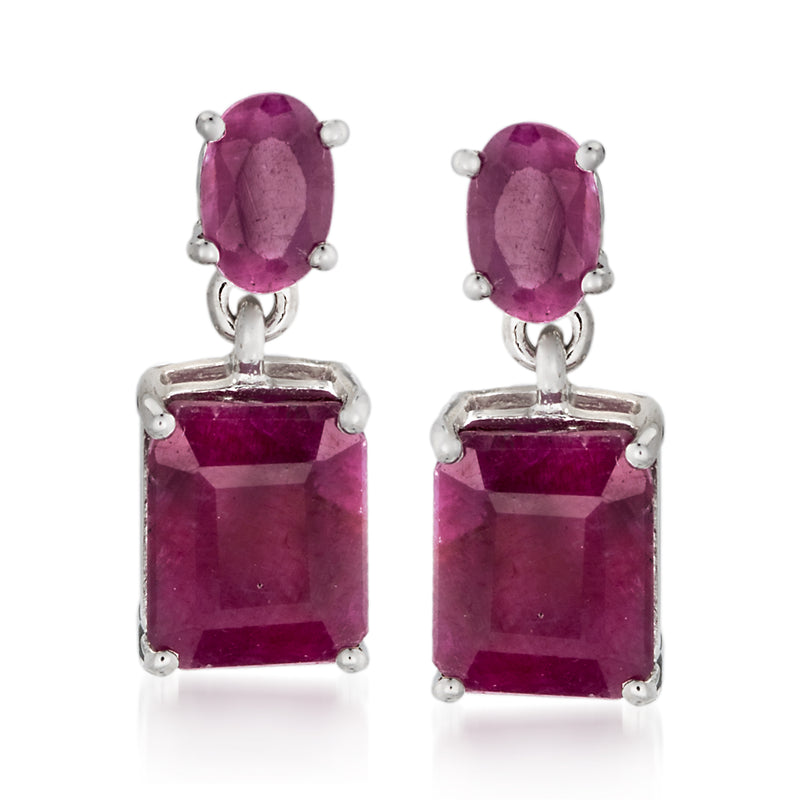 Sterling silver ruby drop earrings with oval top and square-cut ruby stones, prong set