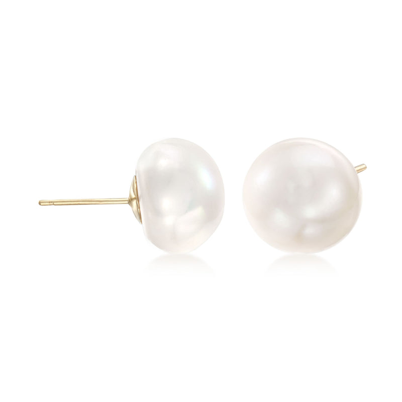 Cultured pearl stud earrings, 14mm round white pearls with yellow gold posts