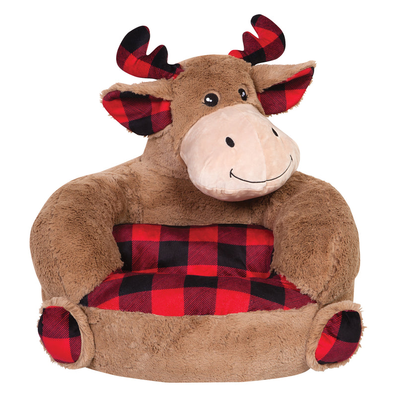Children's plush moose chair with red-and-black buffalo check seat and brown fabric