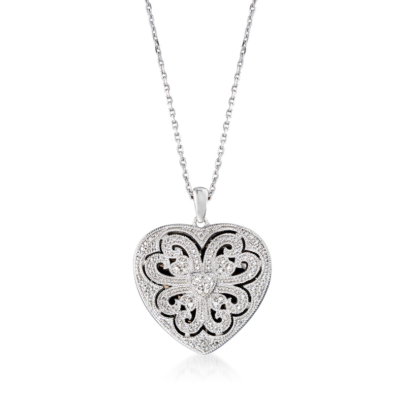 Sterling silver heart locket necklace with scrolled filigree and diamond accents