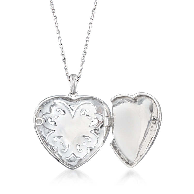 Sterling silver heart locket necklace with open heart frame and hinge