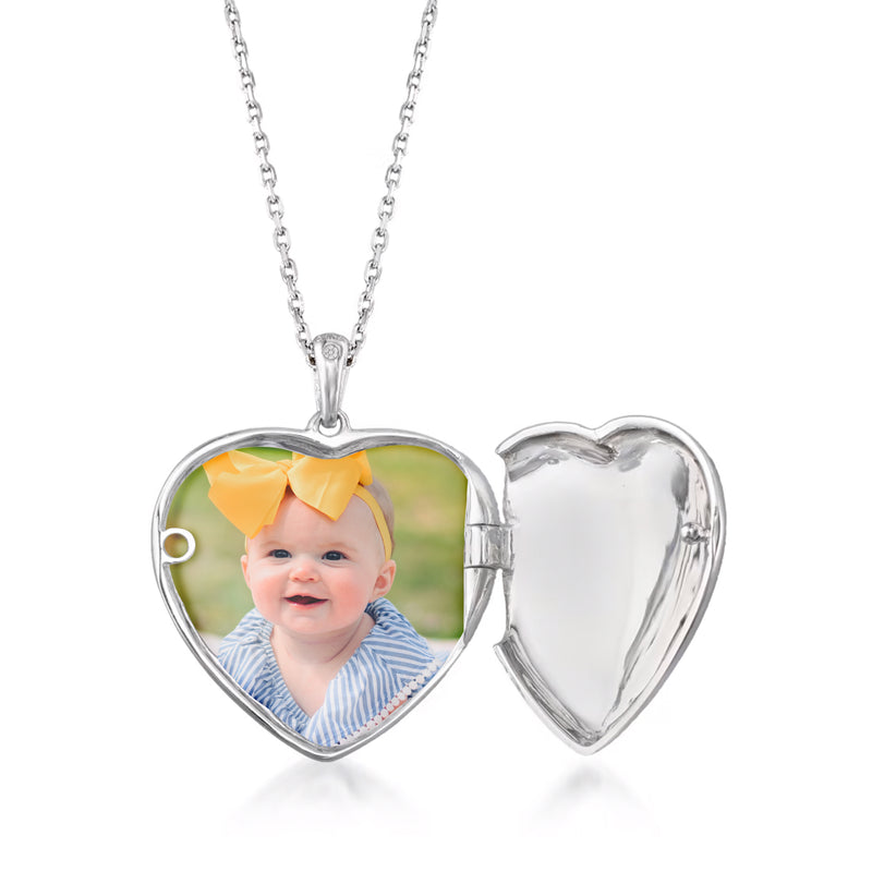 Sterling silver heart locket necklace with photo insert inside open heart