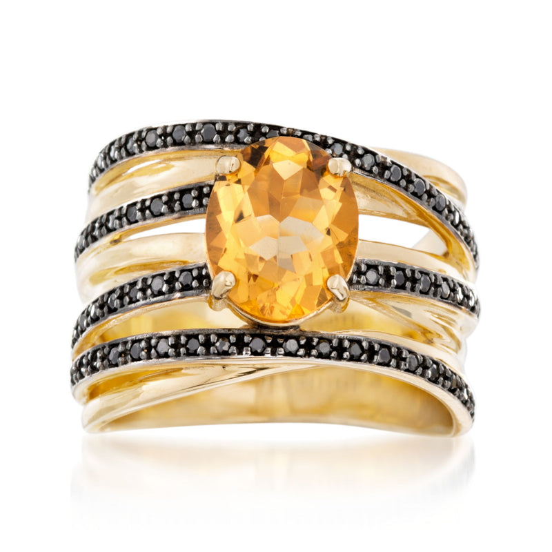 Citrine gemstone ring with black stone inlaid bands, 14kt yellow gold over sterling silver