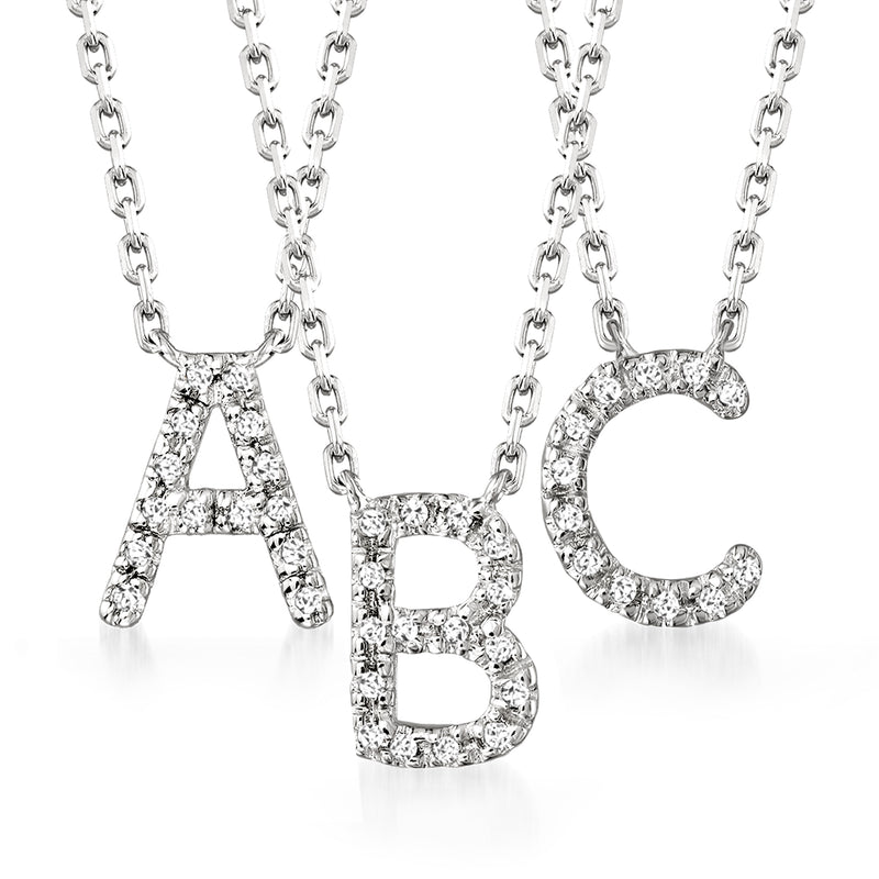 Sterling silver diamond initial necklace with letter A, B, and C pendants on chain