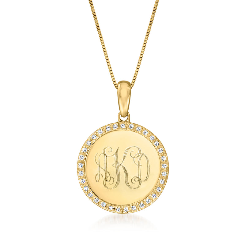 14kt yellow gold round diamond halo pendant necklace with monogram K in center