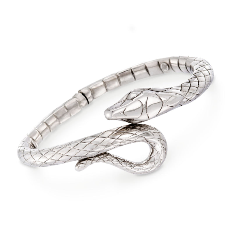 Sterling silver snake bypass bangle bracelet with braided texture and coiled snake head