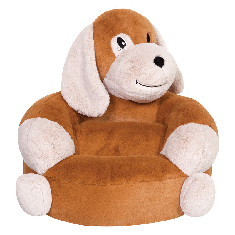 Plush puppy chair with brown body, white muzzle, floppy ears and rounded seat