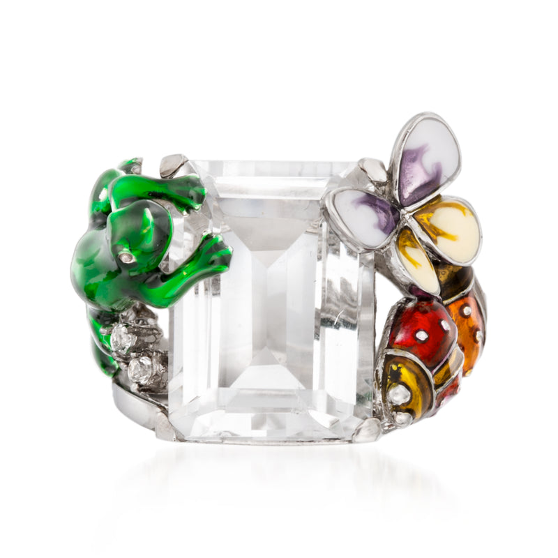 Sterling silver rock crystal ring with rectangular clear stone and multicolored enamel