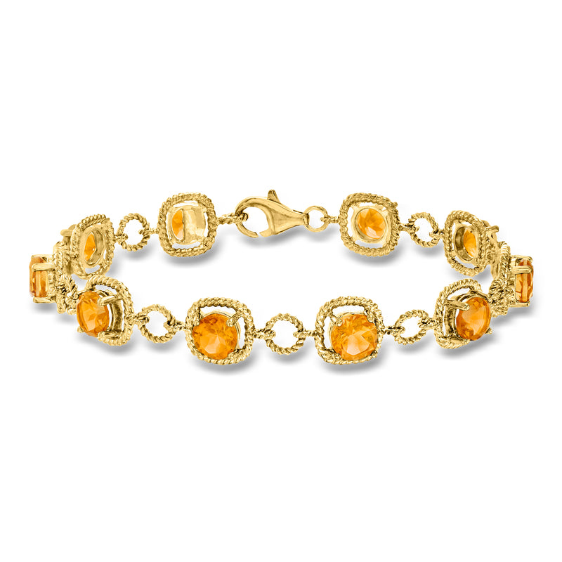 Gold over sterling citrine bracelet with round bezel-set gemstones and linked settings