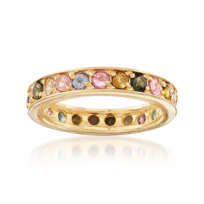 Multicolored tourmaline eternity band in gold-tone with oval center row of gemstones