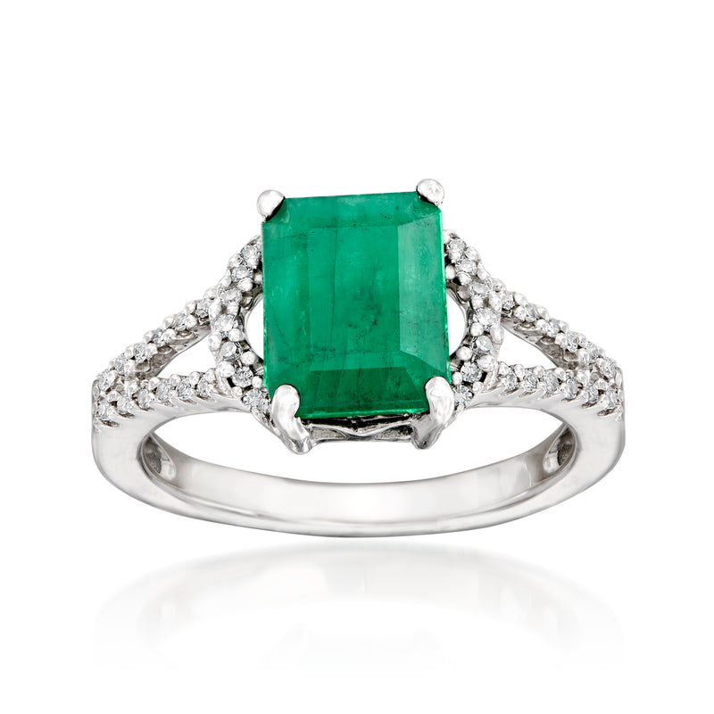 Emerald and diamond ring in 14kt white gold with rectangular green center stone