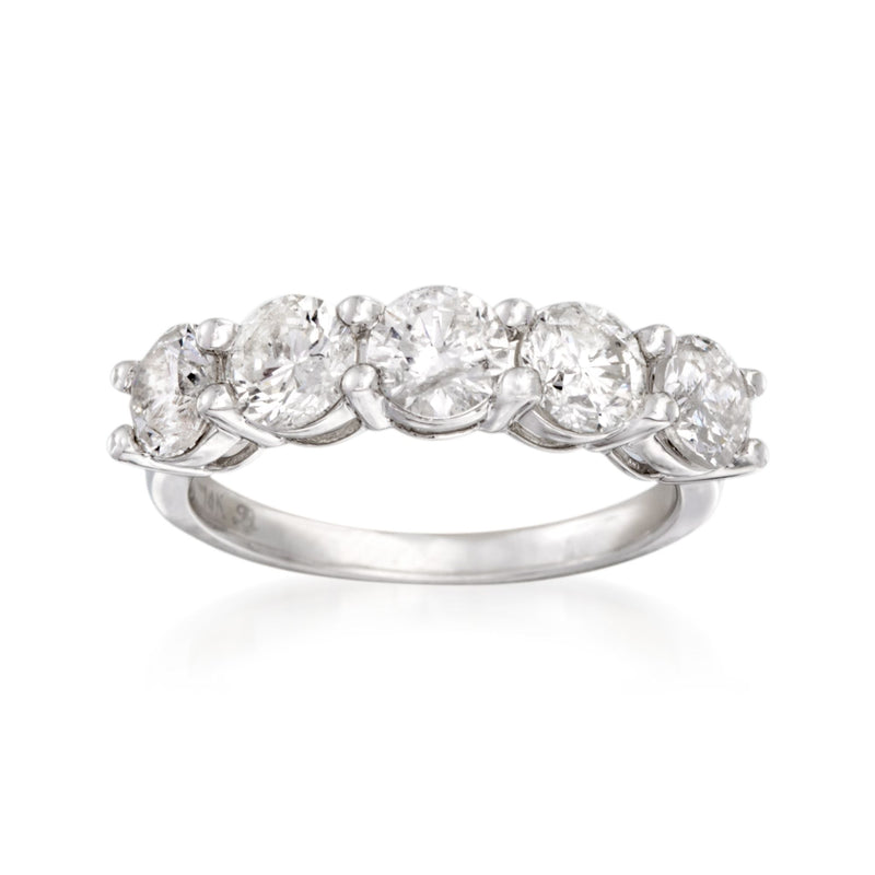 14kt white gold five-stone diamond ring with oval and round stones, polished band