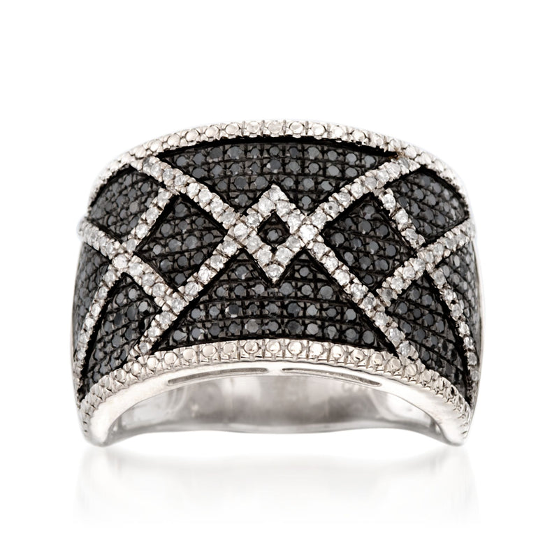 Black and white diamond crisscross ring in sterling silver with central diamond detail