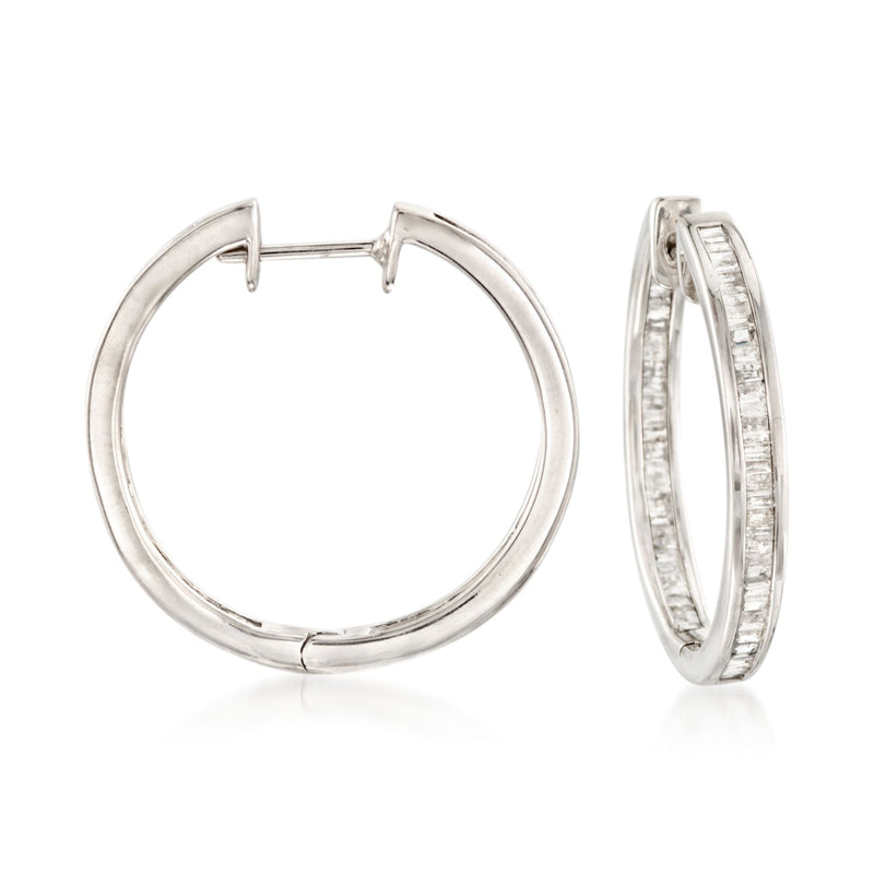 Sterling silver baguette diamond inside-out hoop earrings with post backs