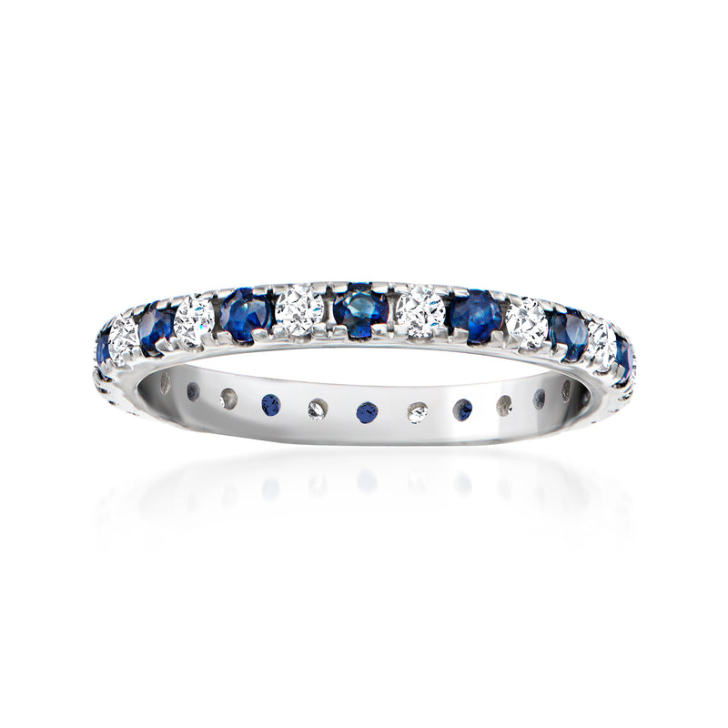 14kt white gold eternity band with blue sapphires and white diamonds