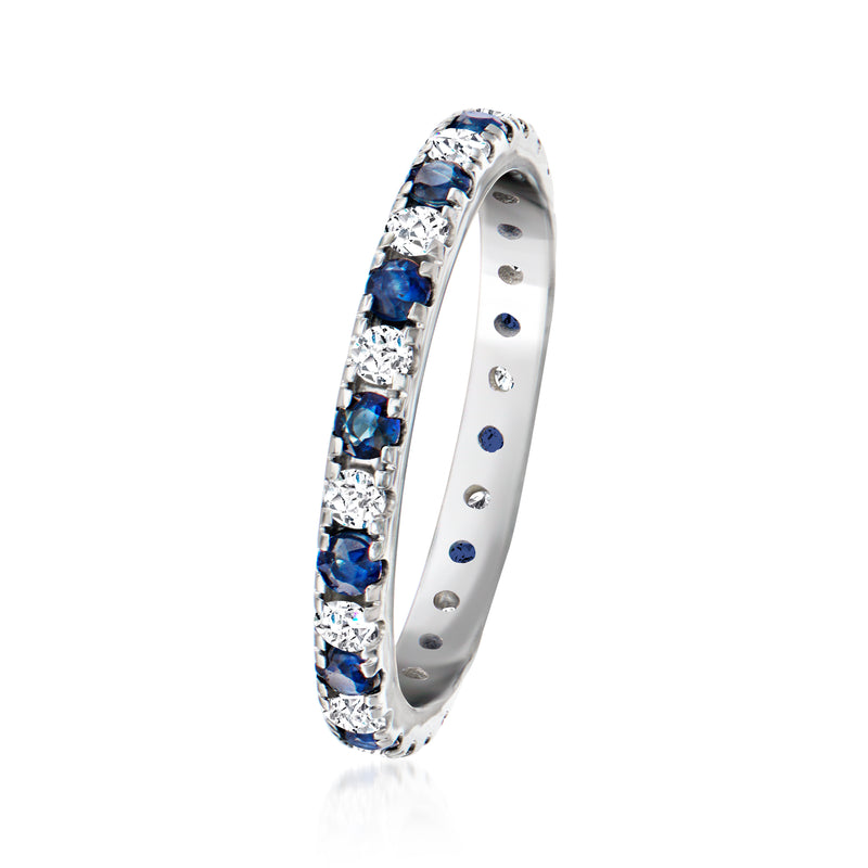 14kt white gold eternity band with blue sapphires and white diamonds, side view