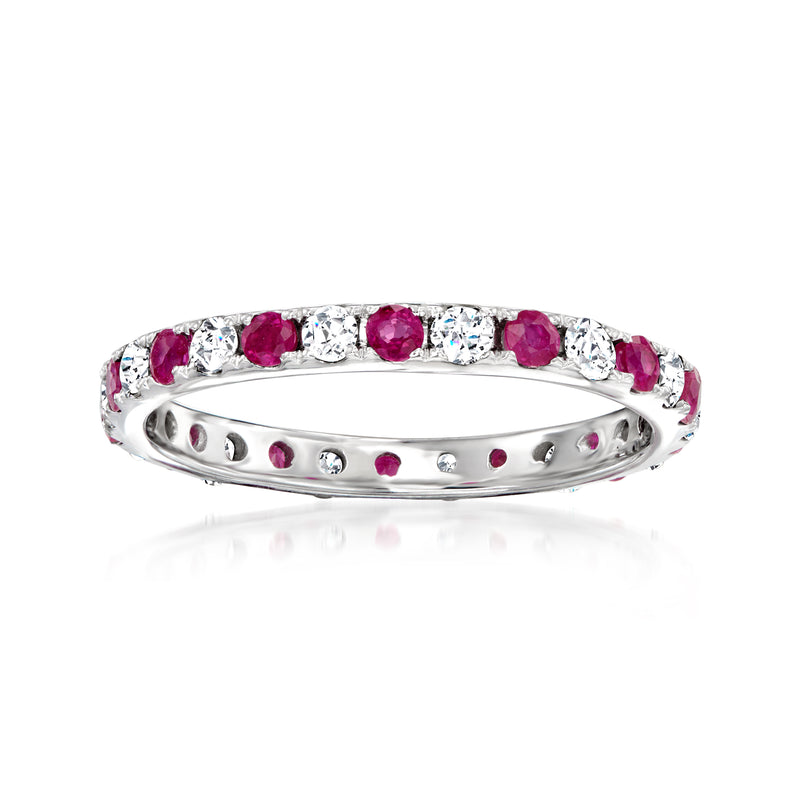 14kt white gold eternity band with pink rubies and round diamonds