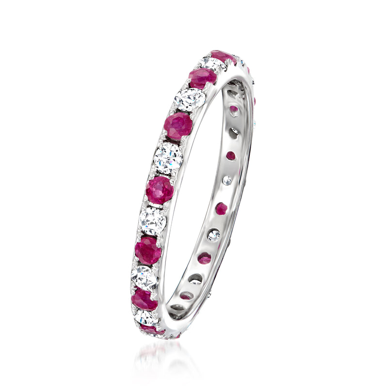 Side view of 14kt white gold eternity band with pink rubies and diamonds