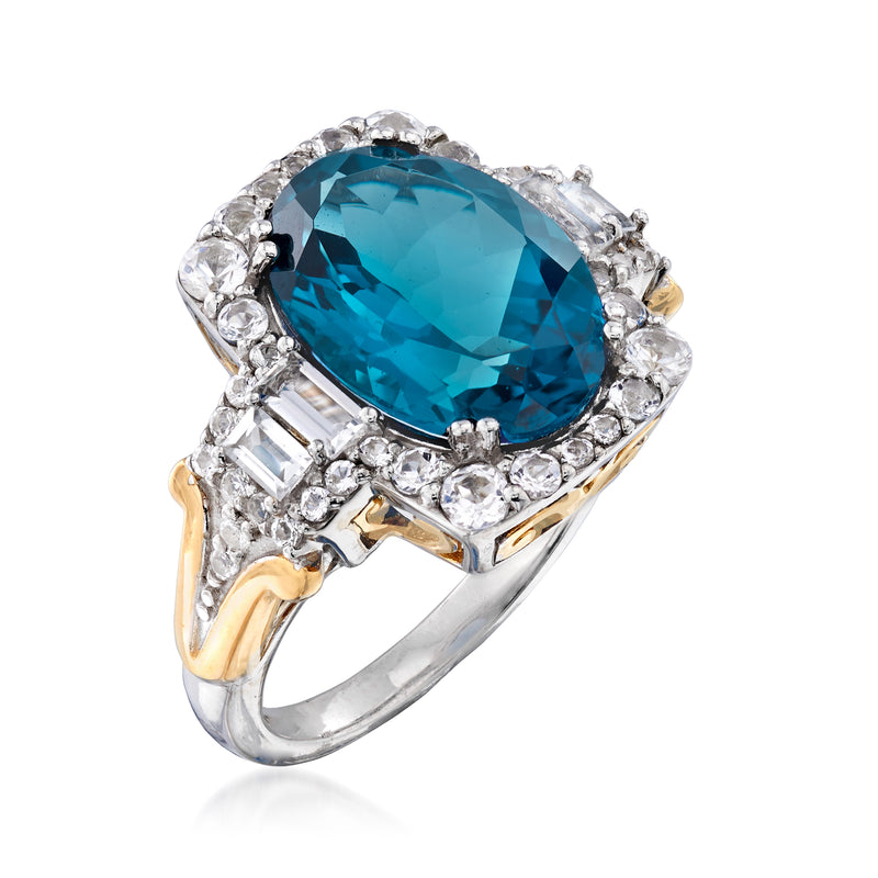 Two-tone sterling silver ring with oval London blue topaz and baguette side stones